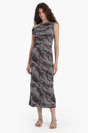 Bodycon Vücudu Saran Açık Omuz Çiçek Desenli Tül Maxi Elbise