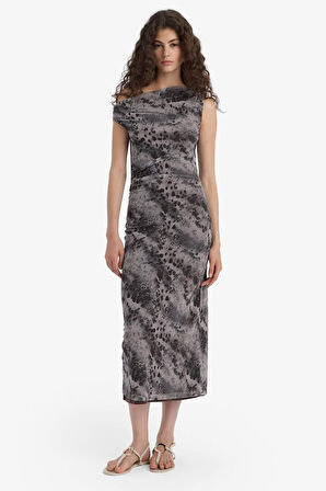 Bodycon Vücudu Saran Açık Omuz Çiçek Desenli Tül Maxi Elbise