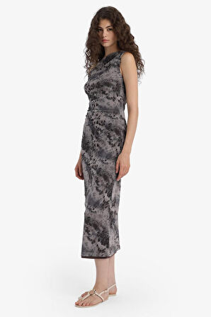 Bodycon Vücudu Saran Açık Omuz Çiçek Desenli Tül Maxi Elbise