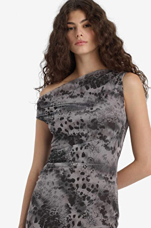 Bodycon Vücudu Saran Açık Omuz Çiçek Desenli Tül Maxi Elbise