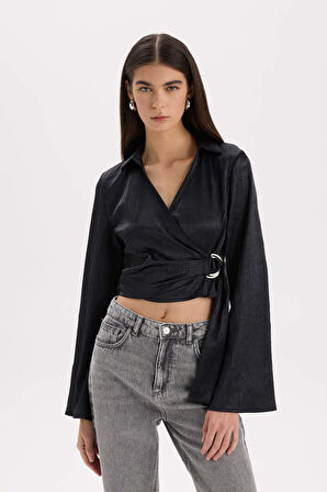 Fitted Wrap Yaka Saten Uzun Kollu Bluz