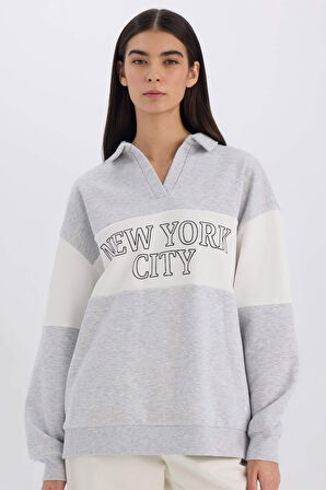 DeFacto Relax Fit Polo Yaka Baskılı Kalın Sweatshirt E3229AX24WNGR93