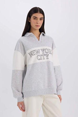 DeFacto Relax Fit Polo Yaka Baskılı Kalın Sweatshirt E3229AX24WNGR93