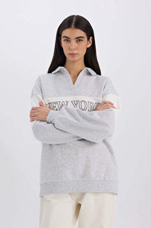 DeFacto Relax Fit Polo Yaka Baskılı Kalın Sweatshirt E3229AX24WNGR93