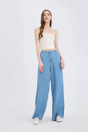 DeFacto Pull On Wide Leg Yüksek Bel Uzun Akışkan Kumaş Yıkamalı Pantolon D8238AX25SMNM85