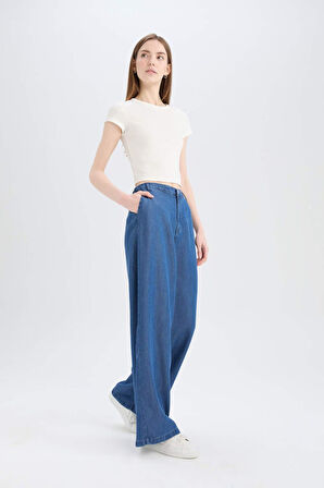 Pull On Wide Leg Yüksek Bel Uzun Yumuşak Jean Yıkamalı Pantolon