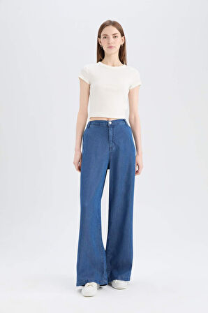 Pull On Wide Leg Yüksek Bel Uzun Yumuşak Jean Yıkamalı Pantolon