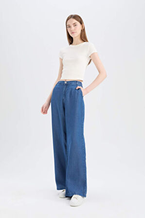 Pull On Wide Leg Yüksek Bel Uzun Yumuşak Jean Yıkamalı Pantolon