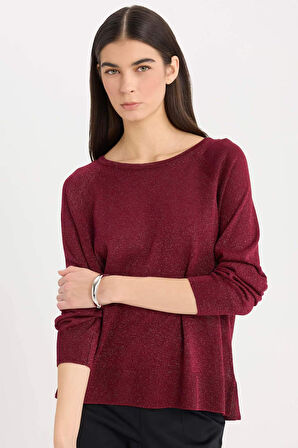 DeFacto Regular Fit Bisiklet Yaka Basic Düz Bordo Triko Kazak C6818AX24WNBR170