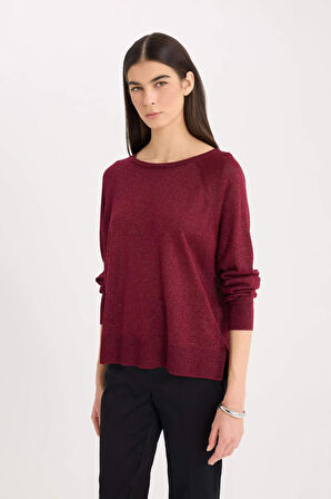 DeFacto Regular Fit Bisiklet Yaka Basic Düz Bordo Triko Kazak C6818AX24WNBR170