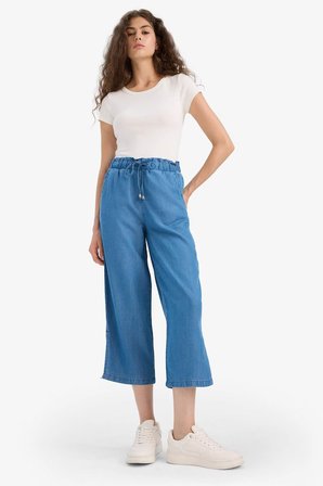 DeFacto Pull On Culotte Yüksek Beli Lastikli Akışkan Kumaş Yıkamalı İnce Jean Pantolon D8241AX25SMNM28