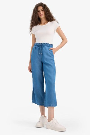 DeFacto Pull On Culotte Yüksek Beli Lastikli Akışkan Kumaş Yıkamalı İnce Jean Pantolon D8241AX25SMNM28