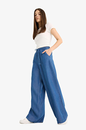 Pull On Wide Leg Yüksek Bel Uzun Yumuşak Jean Yıkamalı Pantolon