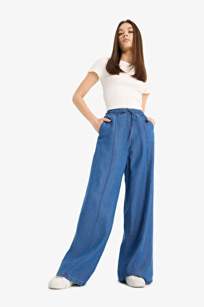 Pull On Wide Leg Yüksek Bel Uzun Yumuşak Jean Yıkamalı Pantolon