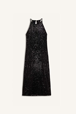 DeFacto Halter Yaka Payetli Kolsuz Midi Siyah Elbise E2437AX24WNBK81