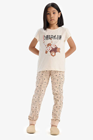 DeFacto Kız Çocuk Pijama Takımı Baskılı Kısa Kollu Üst Desenli Alt E2222A825SPBG744