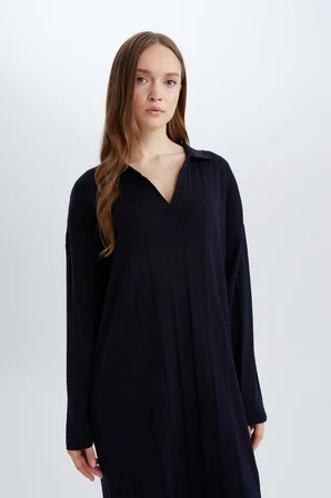 DeFacto Relax Fit Basıc Polo Yaka Maxi Triko Elbise E2972AX25SPNV235