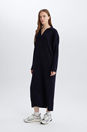 Relax Fit Basic Düz Polo Yaka Maxi Elbise