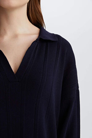 Relax Fit Basic Düz Polo Yaka Maxi Elbise