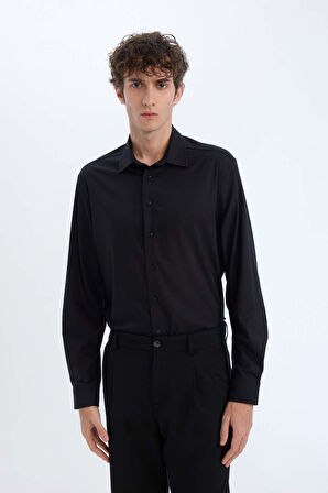 DeFacto Regular Fit Polo Yaka Uzun Kollu Siyah Gömlek E3242AX25SPBK27