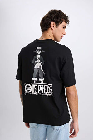 DeFacto %100 Pamuk One Piece Boxy Fit Bisiklet Yaka Sırt Baskılı Kısa Kollu Tişört D5459AX25SPBK81