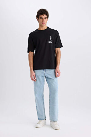 DeFacto %100 Pamuk One Piece Boxy Fit Bisiklet Yaka Sırt Baskılı Kısa Kollu Tişört D5459AX25SPBK81