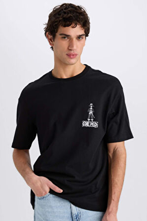 DeFacto %100 Pamuk One Piece Boxy Fit Bisiklet Yaka Sırt Baskılı Kısa Kollu Tişört D5459AX25SPBK81