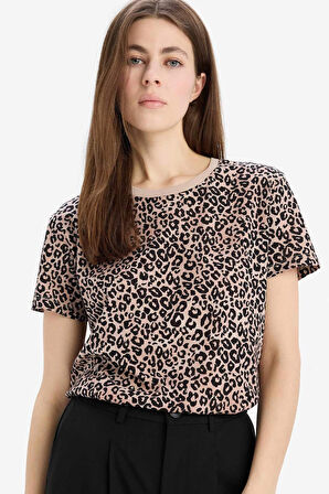 Long  Fit Bisiklet Yaka Leopar Desenli Penye Kısa Kollu Tişört