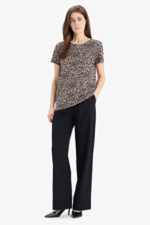 Long  Fit Bisiklet Yaka Leopar Desenli Penye Kısa Kollu Tişört