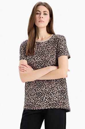 Long  Fit Bisiklet Yaka Leopar Desenli Penye Kısa Kollu Tişört