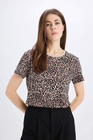 Long  Fit Bisiklet Yaka Leopar Desenli Penye Kısa Kollu Tişört