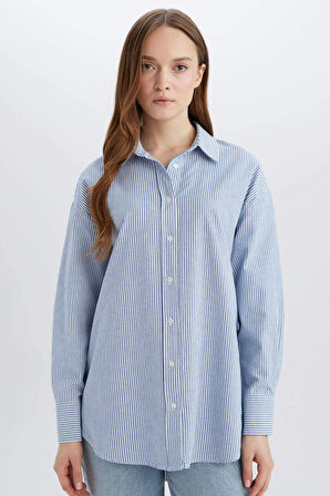 Relax Fit Çizgili Oxford Basic Düz Uzun Kollu Gömlek Tunik