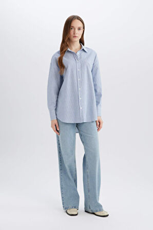 Relax Fit Çizgili Oxford Basic Düz Uzun Kollu Gömlek Tunik