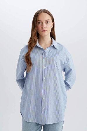Relax Fit Çizgili Oxford Basic Düz Uzun Kollu Gömlek Tunik