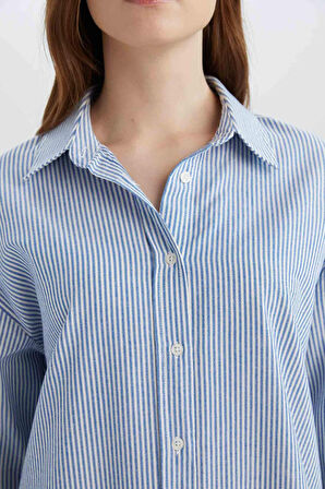 Relax Fit Çizgili Oxford Basic Düz Uzun Kollu Gömlek Tunik
