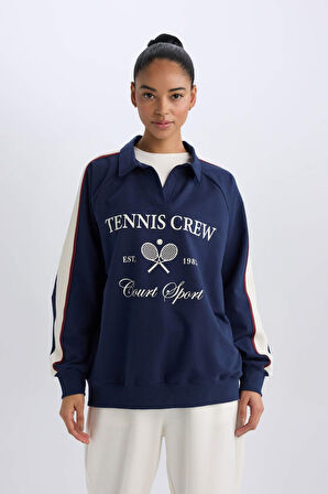 DeFactoFit Oversize Geniş Kalıp Polo Yaka Baskılı Sporcu Sweatshirt D7131AX25SPNV241