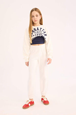 DeFacto Kız Çocuk Crop Bisiklet Yaka Baskılı Sweatshirt D9919A825SPWT80