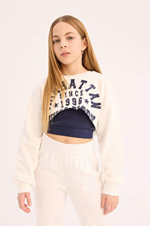 DeFacto Kız Çocuk Crop Bisiklet Yaka Baskılı Sweatshirt D9919A825SPWT80