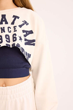 DeFacto Kız Çocuk Crop Bisiklet Yaka Baskılı Sweatshirt D9919A825SPWT80