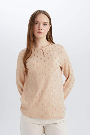 DeFacto Regular Fit Damla Yaka Desenli Bürümcük Uzun Kollu Tişört E1205AX25SPBG319