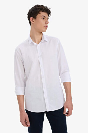 Regular Fit Polo Yaka Keten Yazlık Uzun Kollu Gömlek