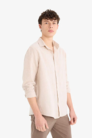 DeFacto Regular Fit Polo Yaka Keten Yazlık Uzun Kollu Gömlek E1729AX25SPBG717