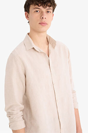 DeFacto Regular Fit Polo Yaka Keten Yazlık Uzun Kollu Gömlek E1729AX25SPBG717