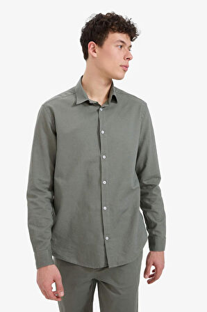 Regular Fit Polo Yaka Keten Yazlık Uzun Kollu Gömlek