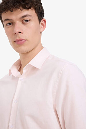 Regular Fit Polo Yaka Keten Yazlık Uzun Kollu Gömlek