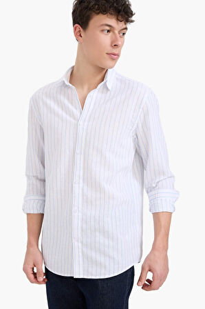 DeFacto Regular Fit Polo Yaka Çizgili Keten Yazlık Uzun Kollu Gömlek E1730AX25SPWT34