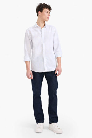 DeFacto Regular Fit Polo Yaka Çizgili Keten Yazlık Uzun Kollu Gömlek E1730AX25SPWT34