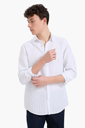 DeFacto Regular Fit Polo Yaka Çizgili Keten Yazlık Uzun Kollu Gömlek E1730AX25SPWT34