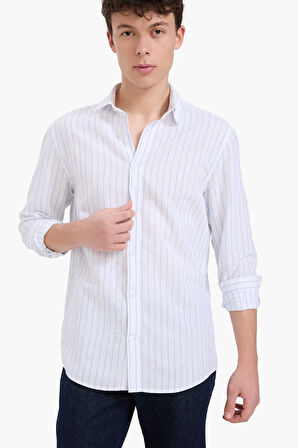 Regular Fit Polo Yaka Keten Yazlık Uzun Kollu Gömlek