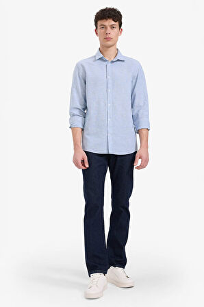 DeFacto Regular Fit Polo Yaka Çizgili Keten Yazlık Uzun Kollu Gömlek E1730AX25SPBE783